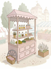 Naklejka premium Pastel apothecary stand with herbs and glass vials