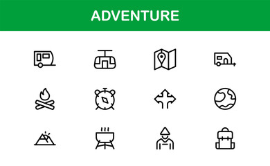 Explore the world with this dynamic Adventure icon set, featuring clean, versatile designs perfect for travel, exploration, and outdoor projects on stock platforms.