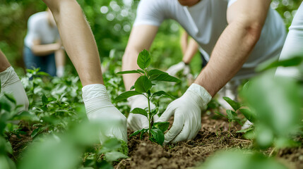 People wearing gloves planting young seedlings in the soil, promoting gardening and environmental care.