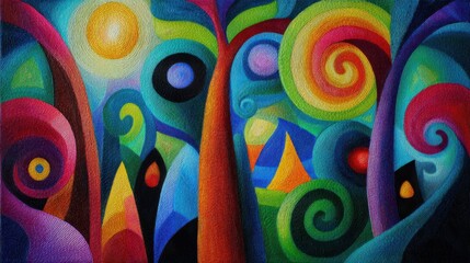 Colorful Abstract Forest Landscape with Whimsical Shapes and Swirls