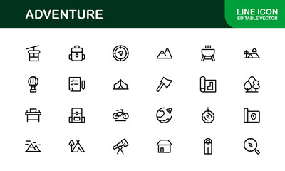 Explore the world with this dynamic Adventure icon set, featuring clean, versatile designs perfect for travel, exploration, and outdoor projects on stock platforms.
