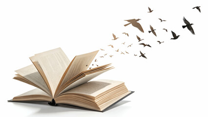 Books transforming into flying birds on white