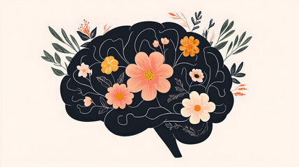 Illustration of a black brain filled with colorful flowers and leaves, symbolizing growth, creativity, and mental wellness.