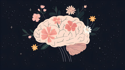 A stylized brain with blooming flowers, set against a starry night sky, symbolizing growth, creativity, and mental wellness.