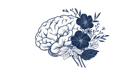 Illustration of a human brain intertwined with detailed floral elements, symbolizing the connection between nature and the mind.