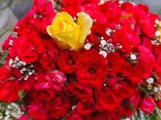 A bouquet of red roses and a yellow one in the middle