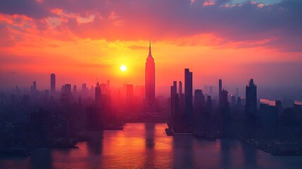 Fototapeta premium the sun sets over the skyline of new york, new yor