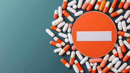 A collection of red and white capsules surrounds a red "no entry" sign, symbolizing medication restrictions or prohibition.