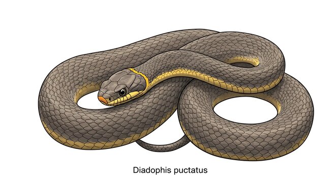 Detailed Illustration of a Ring-necked Snake, Diadophis Punctatus, on White Background