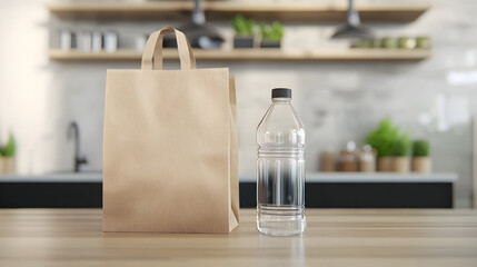 A brown paper bag and a clear plastic water bottle sit on a kitchen counter, with blurred shelves and plants in the background.