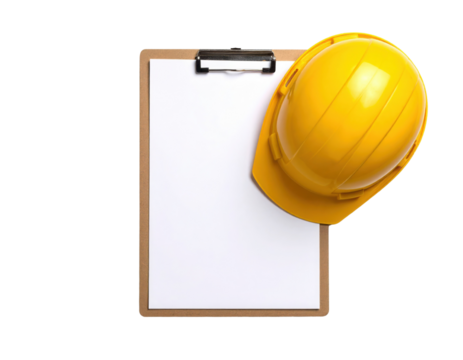 A yellow safety helmet rests on the top right corner of a wooden clipboard holding a blank white sheet of paper.
