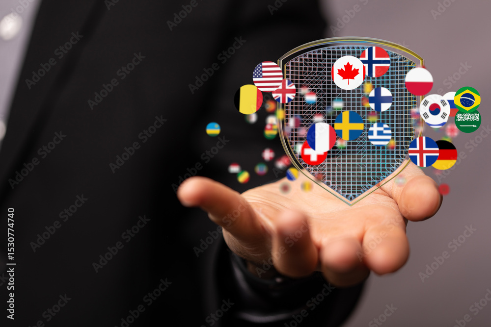 Poster safeguarding international data with robust cybersecurity measures. protecting your global business.
