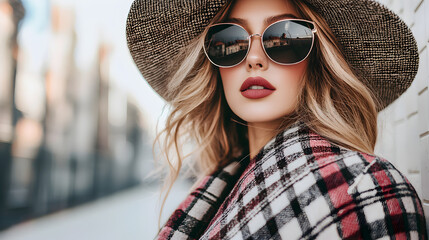 A stylish woman wearing a wide-brimmed hat, round sunglasses, and a plaid coat poses confidently outdoors in soft natural light.