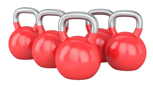 Five red kettlebells with silver handles arranged in a slight arc.