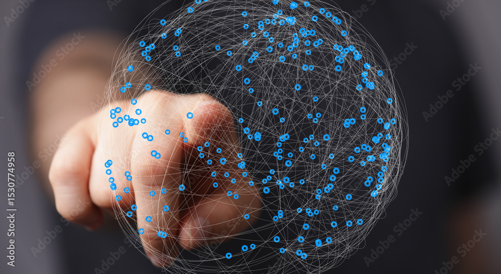 Aufkleber Abstract image of a hand interacting with a digital global network, representing connection and technology.