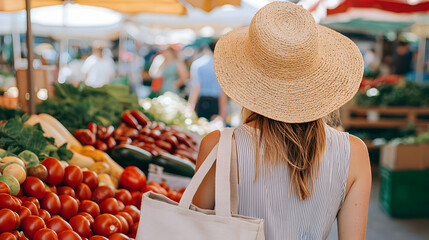A woman wearing a straw hat shops for fresh produce at an outdoor market on a sunny day.