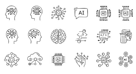 Outline AI Icons with Head, Chip, Neural Network, Cloud, Algorithm
