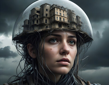 A person weighed down by chaotic elements. Concept of overload, being stressed and overwhelmed. Digital illustration. CG Artwork Background