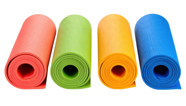 Four rolled yoga mats in red, green, yellow, and blue are neatly aligned side by side.