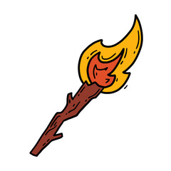 Vector linear hand drawn icon of a burning wooden torch in doodle style.