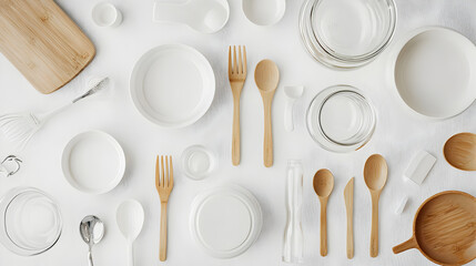 A flat lay of eco-friendly kitchenware including wooden utensils, glass bowls, ceramic plates, and silicone spatulas arranged on a white surface.