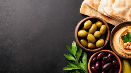 Assorted olives and hummus served with pita bread on a dark background, ideal for Mediterranean cuisine