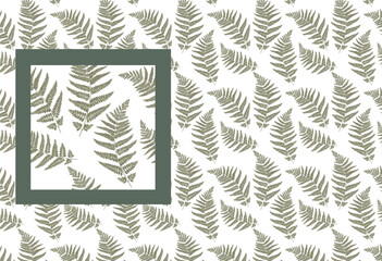 Botanical foliage white pattern wallpaper. Green leaves, yellow fern branches illustration.