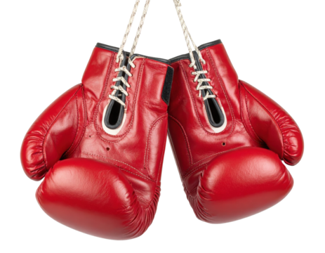A pair of shiny red leather boxing gloves tied together by their laces, hanging side by side.