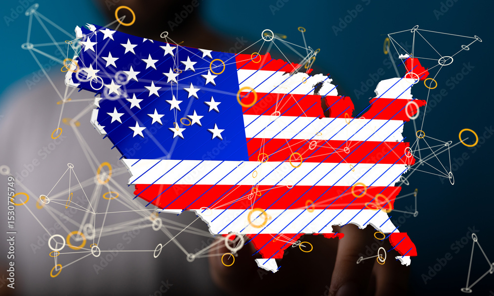 Poster stock photo of a us map overlaid with a network of connections, symbolizing digital infrastructure o