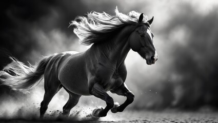 Close-up black-and-white portrait of a white Spanish horse featuring a long mane.