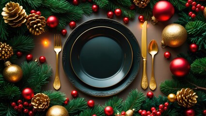 Christmas table featuring black plate, golden cutlery, and holiday decorations. Top view on black, vertical image