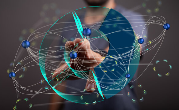Interactive data visualization. Network graph showing connections and data flow.  Modern technology concept. - Powered by Adobe