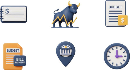 3D Icons Budget Finance Bill Payment Time Management and Market Growth
