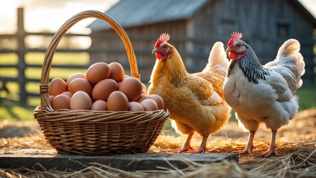 A basket of organic eggs is placed beside two chickens. Chickens are allowed to roam freely on a farm. Poultry reared at home. An illustrated flat textured depiction of food on a white background.