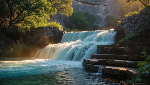 A scenic view of a river flowing over rocks with a natural backdrop of dense greenery and rugged hillside. The water is clear and vibrant, contrasting with the rocky terrain and lush vegetation.
