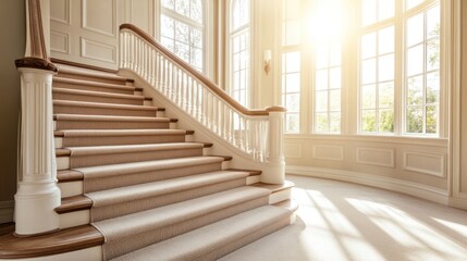 Fototapeta premium Sunlit, elegant staircase in a large, light-filled home