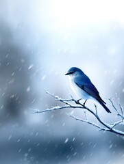 Fototapeta premium A solitary bluebird perched on a snowy branch amidst a serene winter landscape