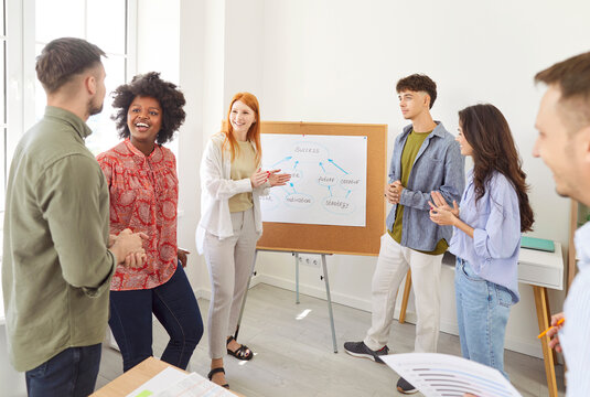 Group brainstorm, team employees planning report data with colleagues, presenting statistic graphs at whiteboard, mentor, coach, project leader speaking during office meeting, report presentation