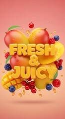 Obraz premium Fresh and juicy fruit composition with mango and berries on vibrant background