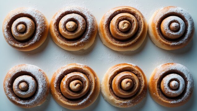 Six different foreshortenings of a cinnamon roll bun coated with sugar powder, composition isolated against the background.
