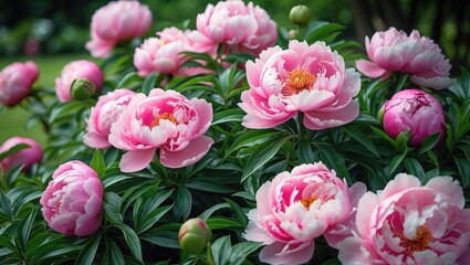 Fototapeta premium Bunches of vibrant pink peonies flourish beautifully in a springtime garden.