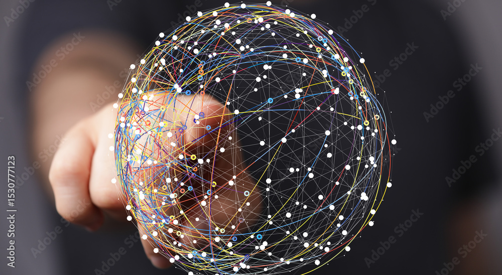 Aufkleber Abstract image of a hand interacting with a digital sphere representing global network connections and data flow.