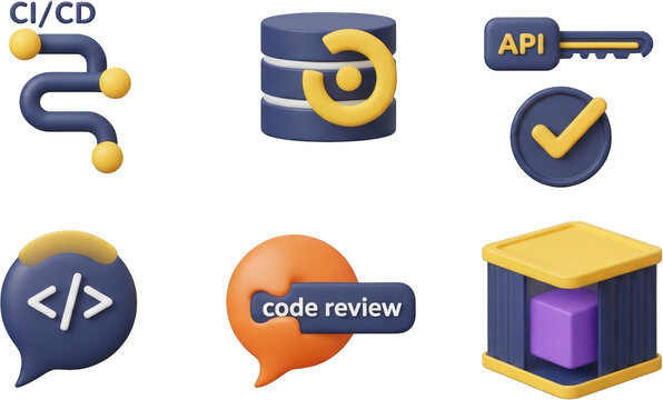 3D Icons CI CD Pipeline Database API Key Code Review Deployment Success