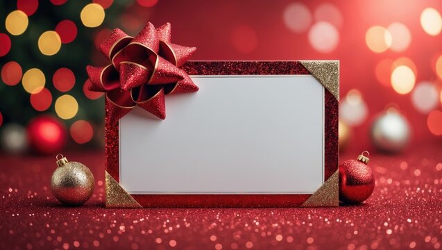 Christmas gift card with a red bow on blurred bright lights, template for copy space