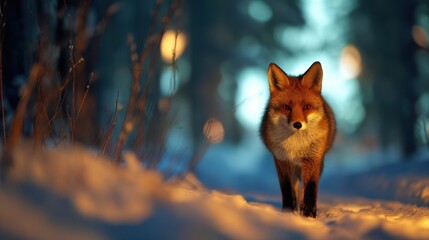 Fototapeta premium A solitary fox walking through a snowy forest at dusk, illuminated by soft, glowing lights