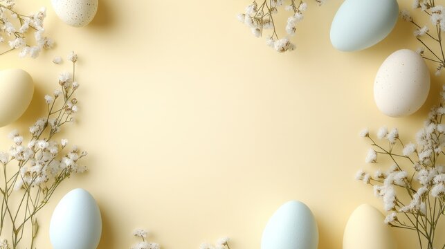 Pastel colored eggs and delicate flowers arranged on a pale yellow background.