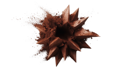 Chocolate bursts into a dramatic explosion with sharp spikes and powdered cocoa flying in all directions