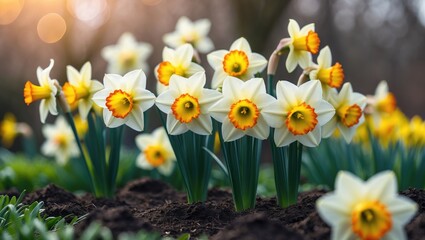 Obraz premium Blooming daffodils with vibrant yellow petals and green stems, fully bloomed and set among fresh greenery and soil.