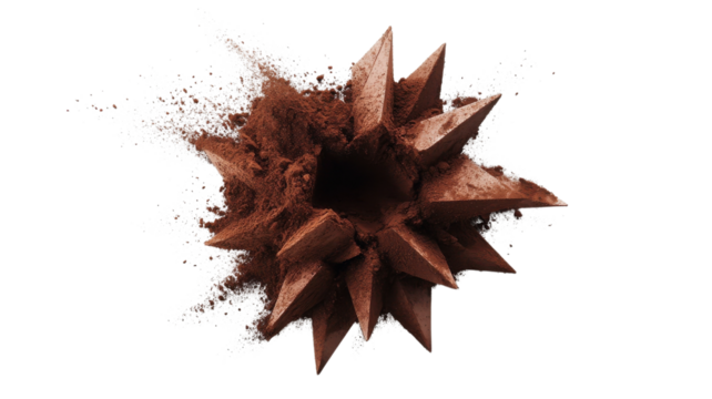 Chocolate bursts into a dramatic explosion with sharp spikes and powdered cocoa flying in all directions