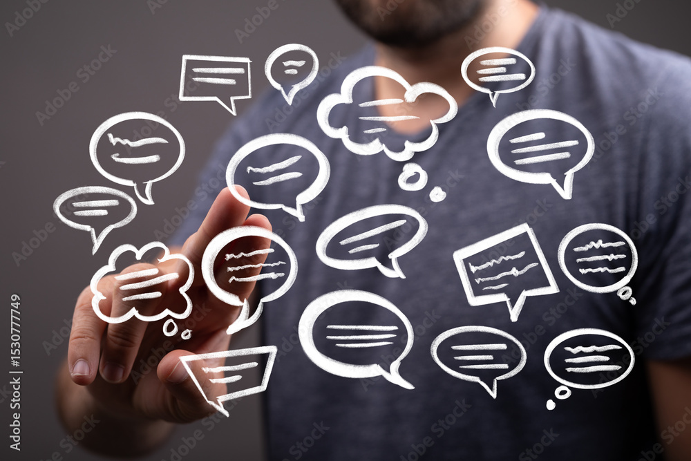 Poster abstract image of a man interacting with digital speech bubbles, representing communication and soci
